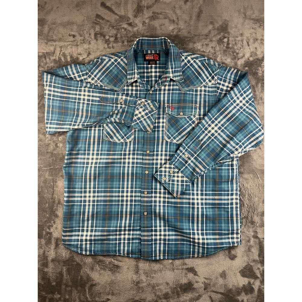 Ariat Work FR Cat2 Shirt XXL 2XL Blue Plaid Western Long Sleeve Snap 10018131
